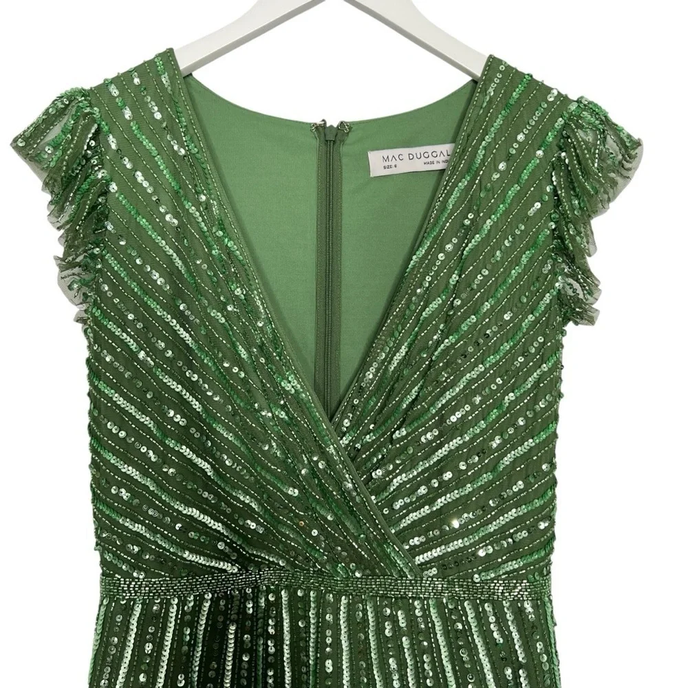 Mac Duggal Sequined Wrap Over Cap Sleeve Ruffle Hem Dress Sage Size 6 NEW - Picture 10 of 15